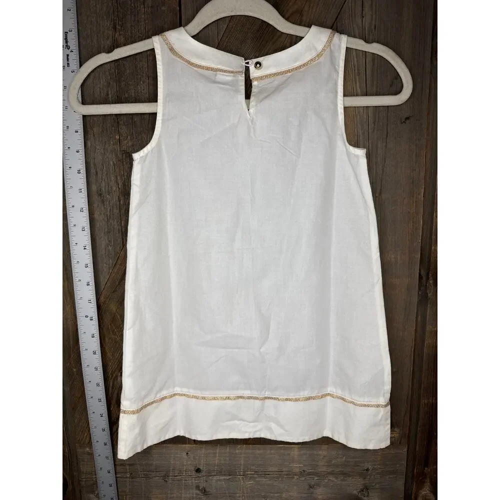 Janie and Jack White Dress Girls Size 4, 100% Cotton, Gold-Trimmed V-Neck
